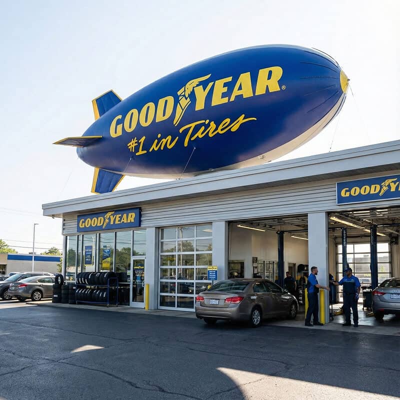 Goodyear inflatable blimp on top of tyre workshop