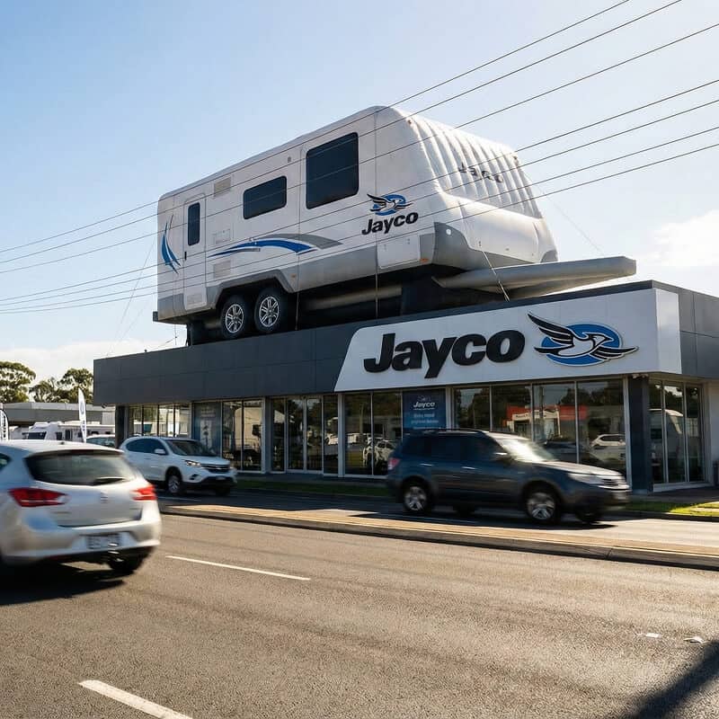 Giant inflatable caravan on showroom roof