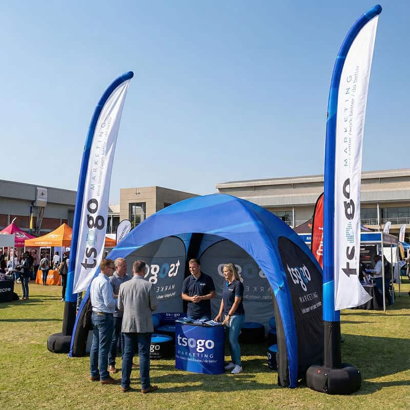 Tsogo marketing inflatable feather banners and tent at outdoor event