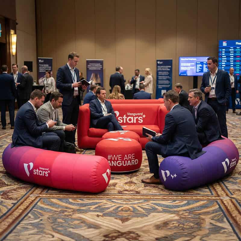 Men sitting on inflatable furniture at event