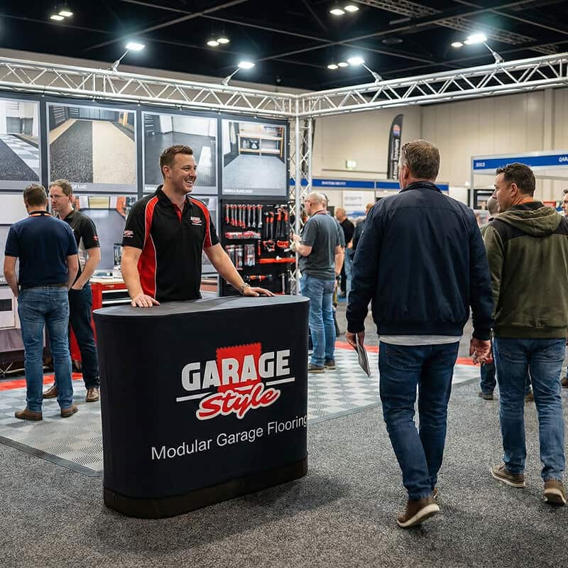 Man at inflatable table at expo