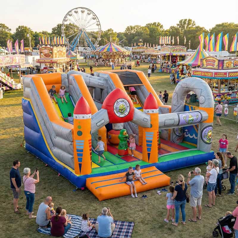 Kids playing in space themed jumping castle