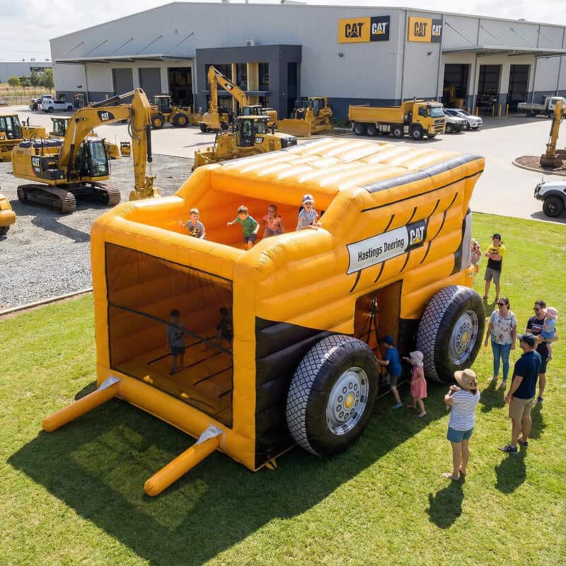 Kids playing in inflatable mining themed jumping castle